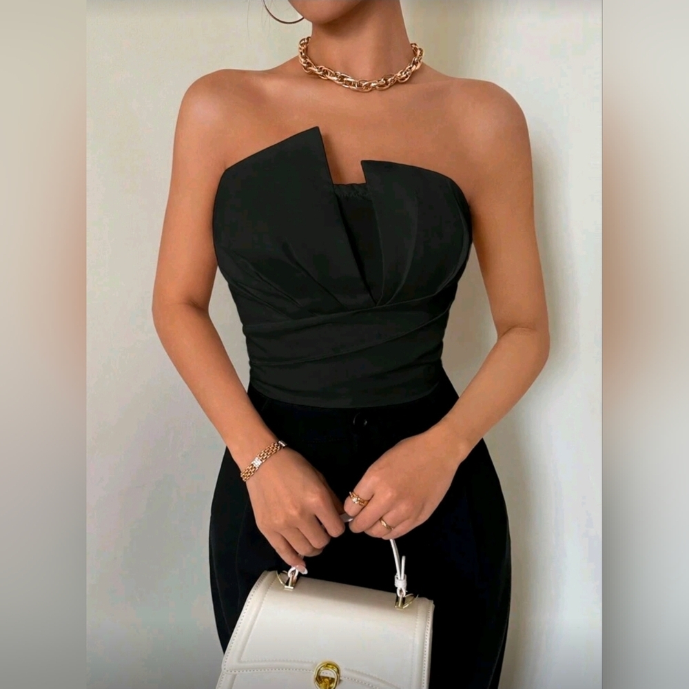 Strapless Black Ruched Bustier Top